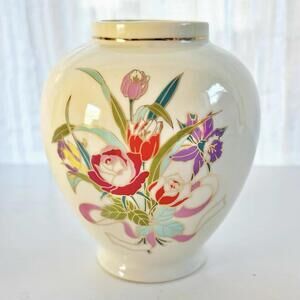 Vintage Japanese Porcelain Vase Hand Painted Floral Design Gold Rim UCGC Mark